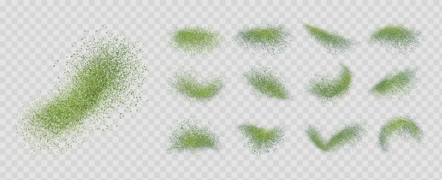 Set of isolated green matcha powder explosion on white background, top view, fine dust texture.