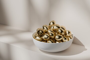 White bowl filled with shiny gold eggs in soft light