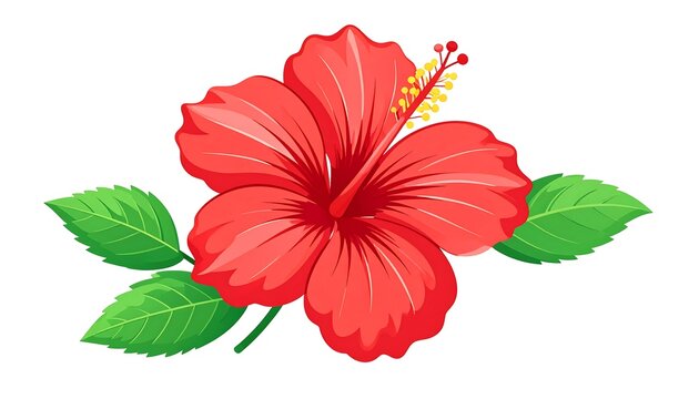 Vibrant Red Hibiscus Flower with Lush Green Leaves on White Background
