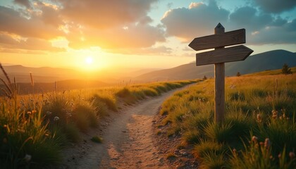 Path of achievement with signposts marking career milestones. Sun sets over rolling hills. Wooden sign shows direction options. Journey towards success and future goals.