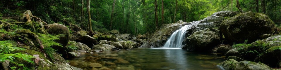 Naklejka premium Lush rainforest waterfall hdri panoramic view tranquil nature scene serene environment