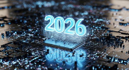 High-tech New Year 2026 concept with a glowing blue digital number floating above a computer CPU on a circuit board