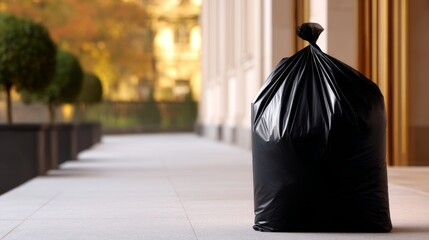 A black garbage bag sits on the sidewalk in an urban setting. The backdrop features elegant architecture and greenery. This image captures city life and cleanliness. AI