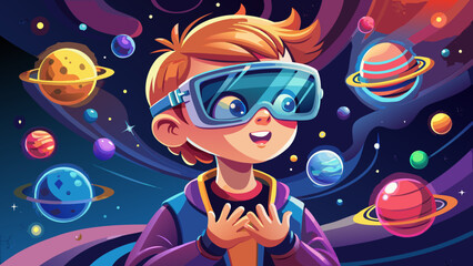Fototapeta premium A curious child in futuristic glasses observing tiny glowing planets hovering above their hands, merging childhood wonder with imaginative technology.