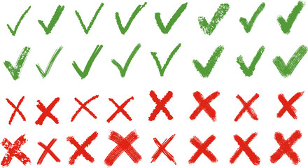 Grunge crayons drawn tick and cross symbols set. Chalk stroke green and red handwriting checkbox wrong right choice marks with rough texture vector graphic