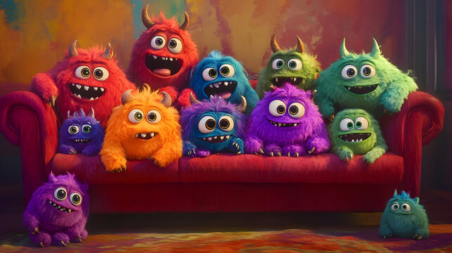 Group of colorful fluffy cartoon monsters posing on a couch