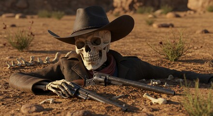 Skeleton cowboy in desert