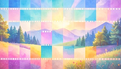 Colorful landscape montage with film strip effect.  Vibrant hues create a whimsical scene