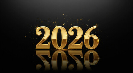Luxury Happy New Year 2026 background with elegant, shiny 3D golden numbers and glittering sparkles on a black reflective surface
