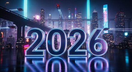 A 3D render of the year 2026 in front of a futuristic cyberpunk city at night with flying vehicles and vibrant neon lights