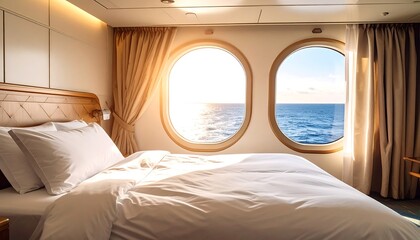 Bright bedroom with porthole windows revealing the sea