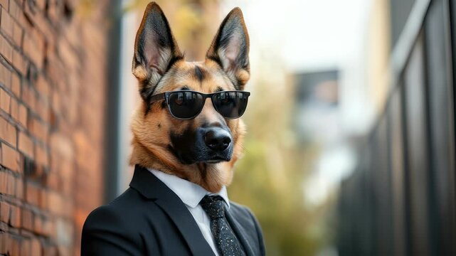 Sophisticated German Shepherd Dog Portrait: Wearing a Suit, Tie, and Sunglasses Against a Brick Wall Backdrop