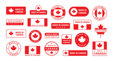 Naklejka premium Made in Canada labels. Canadian maple leaf red flag, product business stamp, national retail and industry sticker. Patriotic and travel local emblem. Vector isolated badge set
