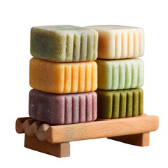 Colorful soap stack on wood in flat lay style, creating smooth surface. For beauty, product photography, marketing, and branding.