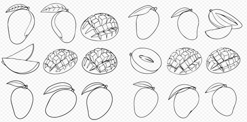 A collection of hand-drawn mango fruit illustrations, featuring whole, sliced, diced, and halved mangoes in a simple line art style.
