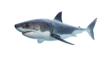 Obraz premium A magnificent great white shark swims gracefully in clear water. This striking marine creature represents strength and power. Ideal for educational or wildlife-themed projects. AI