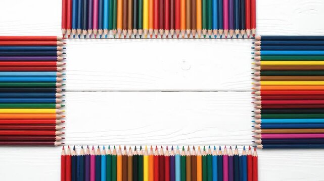 Colorful Pencils Frame on White Wood - A flat lay video showcasing vibrant colored pencils arranged in a frame on a white wooden background.