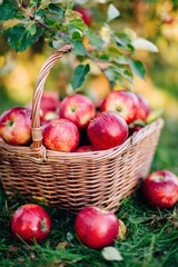 Basket filled with ripe red apples resting on green grass under autumn sunlight, showcasing seasonal harvest and natural beauty in a picturesque outdoor setting