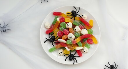 Plate of halloween candy with gummy worms and spiders