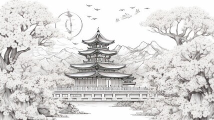 Naklejka premium Monochrome asian pagoda landscape