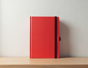 Red closed notebook with black elastic band on wooden table. Clean white background. Simple object, education, business, literature theme. Minimalist design.