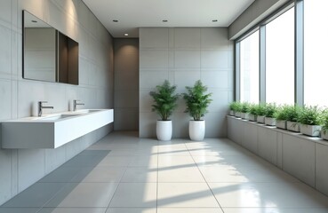 Fototapeta premium Modern office restroom features sleek white sinks, minimalist tile walls, floor. Two large potted plants, row of green plants by window add fresh, serene atmosphere. Natural light floods bright,