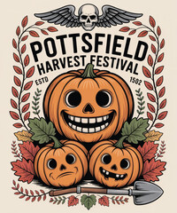 Pottsfield harvest festival illustration with pumpkins and skull