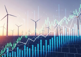 Wind turbines stand against a sunset sky, overlaid with a financial stock market graph, indicating renewable energy investment growth