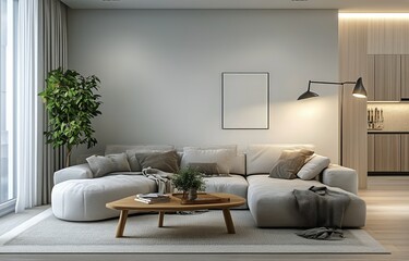 Fototapeta premium Stylish Living Room With Natural Light and Modern Decor Featuring Neutral Tones and Cozy Furnishings.
