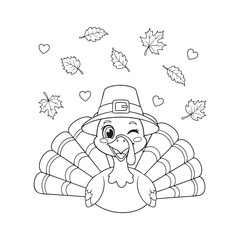 Cute Pilgrim Turkey Winking with Autumn Leaves - Coloring Page