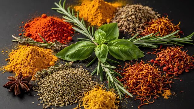 Colorful Spices and Herbs Culinary Arrangement - A vibrant assortment of colorful spices and fresh herbs are artfully arranged on a dark background, creating a visually appealing culinary scene.