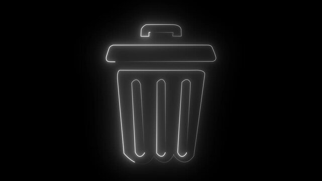 Glowing neon trash can icon animation clean delete button symbol on black background digital art concept for data deletion and waste management