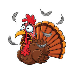 Crying Thanksgiving Turkey Losing Feathers - Humorous Cartoon