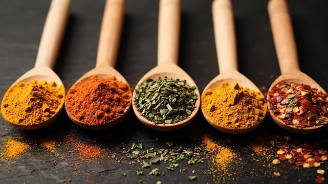 Colorful Spices and Herbs in Wooden Spoons - Five wooden spoons filled with various colorful spices and herbs are arranged on a dark textured background.