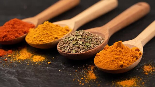 Colorful Spices in Wooden Spoons - Four wooden spoons filled with colorful spices are arranged on a dark textured background.