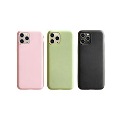 Three colorful phone cases showcase soft leather texture on black background, ideal for product display, social media and branding.