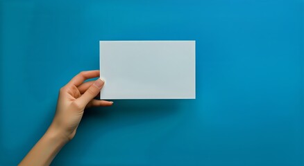 Blank White Card Held by a Hand Against a Solid Blue Background for Creative Designs