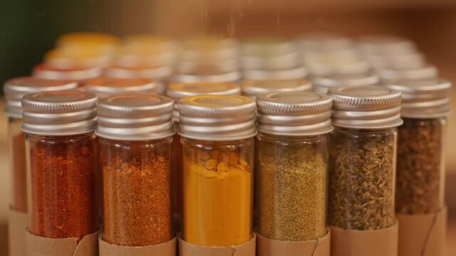 Colorful Spices in Glass Tubes - A close-up shot of numerous small glass tubes filled with various colorful spices.