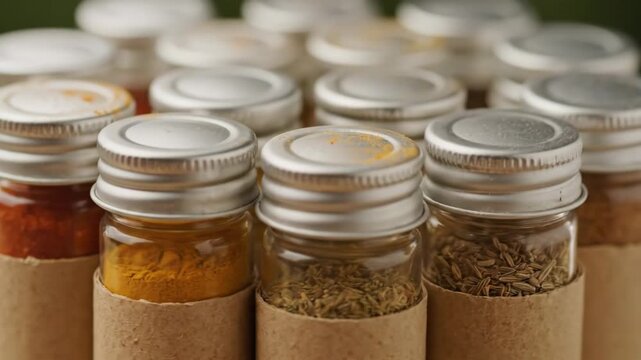 Colorful Spices in Small Glass Jars - A close-up shot of various colorful spices in small glass jars with metal lids, each jar wrapped in brown cardboard.