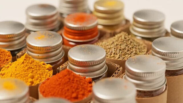 Colorful Spices in Cardboard Tubes - An assortment of colorful spices are displayed in small glass jars with metal lids, neatly organized within cardboard tubes.