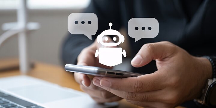 Person holding smartphone with chatbot icon and speech bubbles above artificial intelligence technology