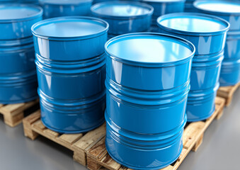Collection of blue industrial barrels stacked neatly on wooden pallets in a warehouse setting during daylight hours Generative AI