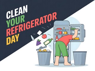 Celebrate Clean Out Your Refrigerator Day with Fun Illustration of Person Organizing Fridge, Tossing Expired Food into Trash Bins, Promoting Kitchen Hygiene, Freshness, Organization, and Health.