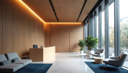 Modern bank interior with sleek design. Features warm wood paneling, ambient lighting, and minimalist furniture. Spacious reception area with seating, plants, and large windows offering natural light.