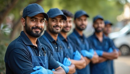 Group of Indian men in cleaning uniforms and blue gloves. They stand outdoors, smiling, embodying teamwork and professional dedication to hygiene services. Ample copyspace for text overlay.