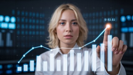 Woman interacting with a digital financial graph showing upward trend and data business finance