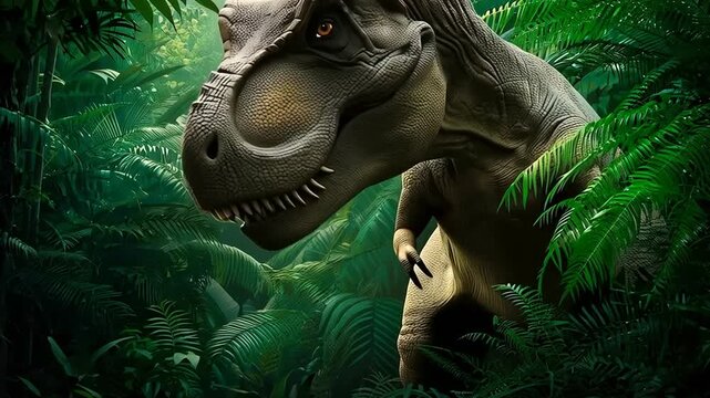 A menacing tyrannosaurus rex roaring in a dense jungle, surrounded by lush green foliage, creating a thrilling and prehistoric atmosphere