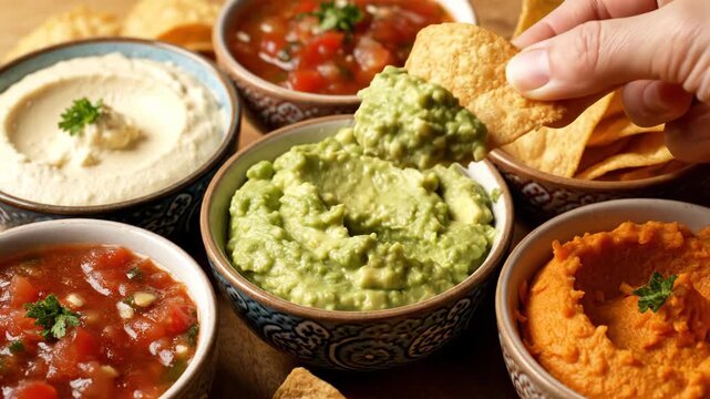 Colorful Dips and Spreads with Tortilla Chips - A variety of colorful dips and spreads, including guacamole, hummus, and salsa, are arranged in bowls.