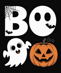 Happy halloween boo text with ghost and pumpkin illustration