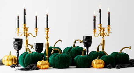 Elegant Halloween composition with velvet green and gold pumpkins, black glasses, and candelabras